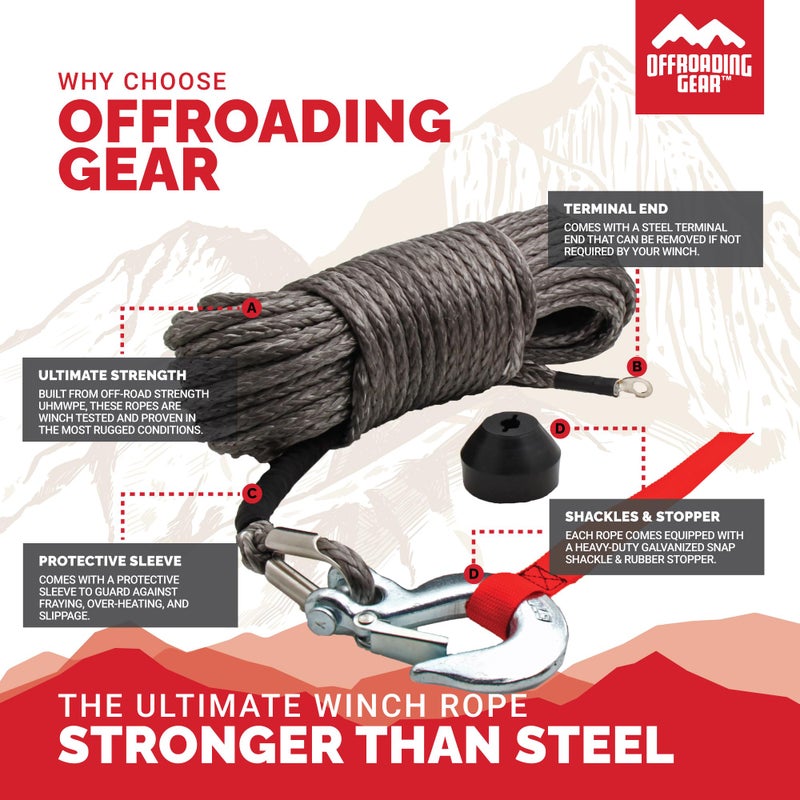 Offroading Gear 50'x1/4â€ 4x4 Heavy-Duty Synthetic Winch Rope Kit 6,400lbs | Replacement for Cable Wire | Jeep| ATV| Quad Bike| UTV | Free Snap Hook & Rubber Stopper - Image 2
